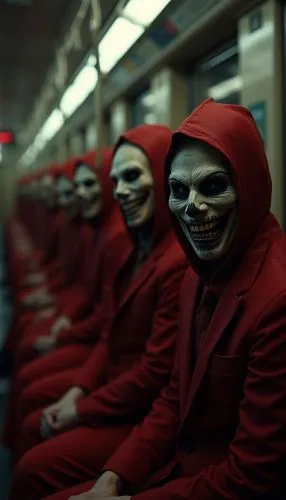 A hyper-realistic photo of scary people wearing masks sitting on the subway. Their expressions are creepy, with unsettling smiles and piercing eyes. They are dressed in dark red , creating a cinematic