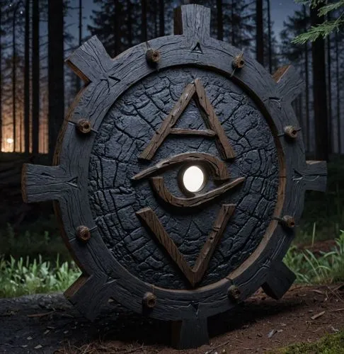 there is a sculpture made out of wood,allies sculpture,ark,circular star shield,animus,artifact,all seeing eye,servitor,amulet,sun dial,upsilon,esoteric symbol,illuminate,anomaly,alphas,evil eye,ancie