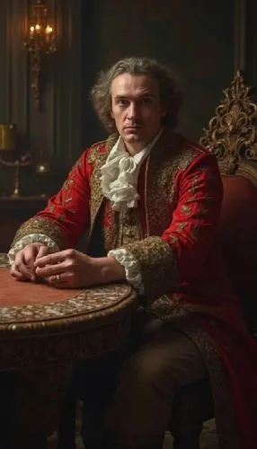 The seated man raises his eyebrows pompously and speaks arrogantly,redcoat,nobleman,man in red dress,codpiece,rosiest,earl gray,lieutenancy,castrato,aristocracies,sir,czarist,regent,aristocratic,monsi