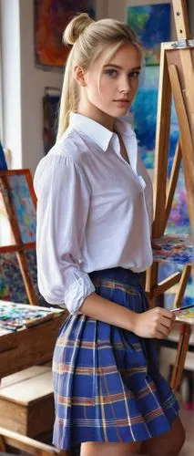 Jenny Claire, young girl, blonde hair, ponytail, bright blue eyes, natural makeup, white blouse, plaid skirt, knee-high socks, brown loafers, holding paintbrush, standing, artistic studio, wooden desk