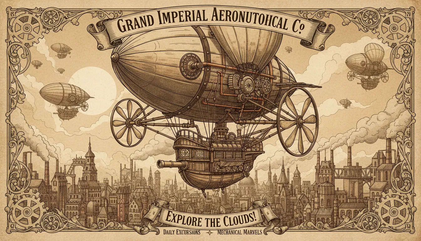 Un manifesto Victorian Steampunk generato da IA, molto dettagliato, con un dirigibile con finiture in ottone e ingranaggi complessi, ambientato in un paesaggio urbano dai toni seppia.