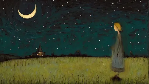 girl standing on the grass at night,,night scene,girl lying on the grass,vincent van gough,the night of kupala,starry night,the moon and the stars,girl in a long,falling star,moon and star,fireflies,m