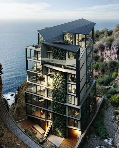 the ocean side house is surrounded by vegetation,dunes house,cubic house,oceanfront,beach house,penthouses,house by the water