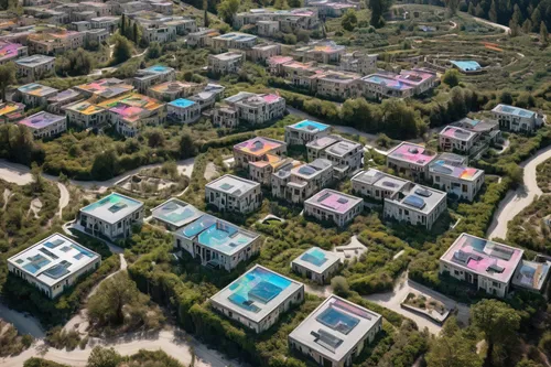 Imagine a futuristic Escher village with holographic buildings.,escher village,aurora village,suburbs,apartment complex,suburban,pripyat,blocks of houses,building valley,alpine village,resort town,res