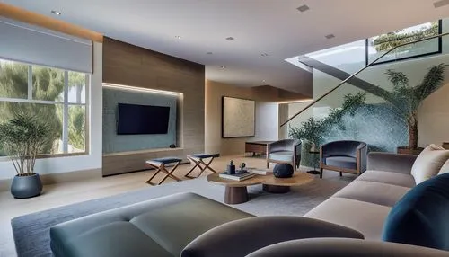 the room has a large tv, a large sofa, two chairs, and a glass railing,modern living room,interior modern design,luxury home interior,modern minimalist lounge,modern decor,contemporary decor,living ro