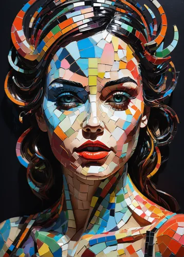 MIXED MEDIA Mosaic of colorful it and technology FEMALE BEAUTY GODDESS|DEVIL. On black paper. Uhd. High quality art., cinematic, conceptual art, typography, 3d render,cool pop art,plastic arts,pop art