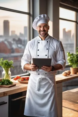 Modern cook, male, 30s, chef hat, white apron, casual smile, holding tablet, standing, indoor kitchen, wooden countertops, stainless steel appliances, large windows, natural light, urban cityscape vie