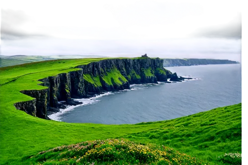 Emerald Isle, Ireland landscape, rolling green hills, rugged coastline, misty atmosphere, overcast sky, ancient stone walls, Celtic ruins, winding roads, Irish castle, medieval architecture, moss-cove