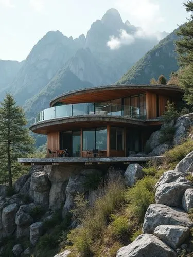 a modernist building of modern steel and glass in the mountains,surrounding by natural vegetation and a rough rocky surface,a house that has a round glass window,house in the mountains,house in mounta