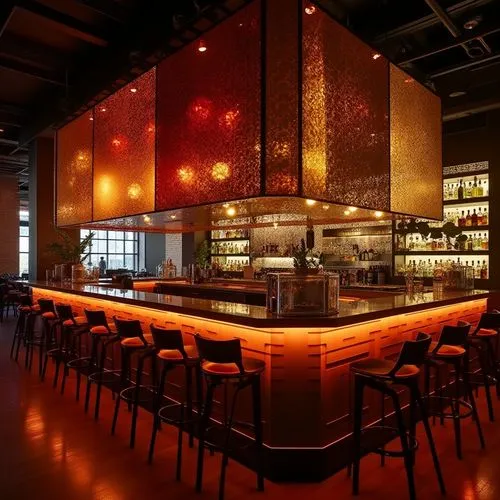 a contemporary/industrial restaurant/bar with a combination of backlit acrylic and perforated panels with red/amber/yellow coloured light
,a bar with a bunch of chairs on it,bar,taproom,bar counter,
