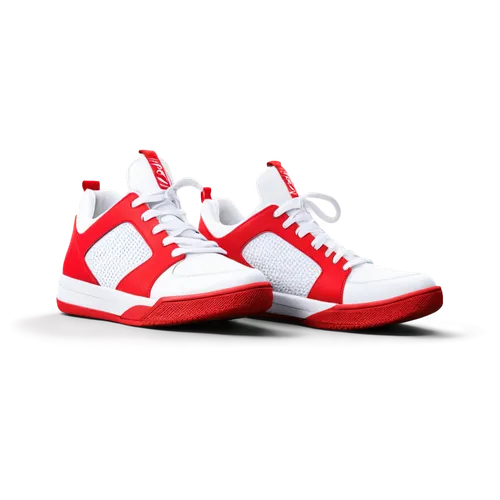 Basketball shoes, white and red color scheme, laces tied, sole with herringbone pattern, upper material mixed with mesh and leather, shiny finish, low-top design, ankle collar padding, tongue logo, si