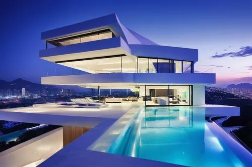 Modern Chris Cobb architecture, luxury villa, angular lines, sleek glass facade, white concrete walls, minimalist interior design, floor-to-ceiling windows, sliding glass doors, infinity pool overlook