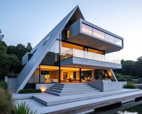 A hyper-realistic, high-resolution architectural photograph capturing a striking, multi-level contemporary A frame home constructed primarily from smooth, exposed concrete. The design is characterized