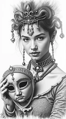 sketch pencil design,an adult holding a mask while wearing a tiara,miscarries,childbearing,matriarchs,childlessness,third eye,matriarchal,intermarriage,dowry,theosophical,theosophy,deprogramming,dupli