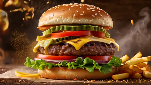 Commercial photography, （hamburger）, （powerful powder explosion）