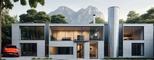 an orange car parked outside of a large house,modern house,modern architecture,cubic house,house in the mountains,house in mountains,luxury property,contemporary,frame house,futuristic architecture,cu