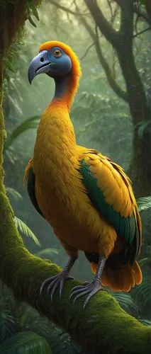Golden dodo, extinct bird species, standing upright, yellow-orange plumage, brown beak, large eyes, lush green forest, tropical trees, vines entwined, misty atmosphere, warm soft lighting, 3/4 composi