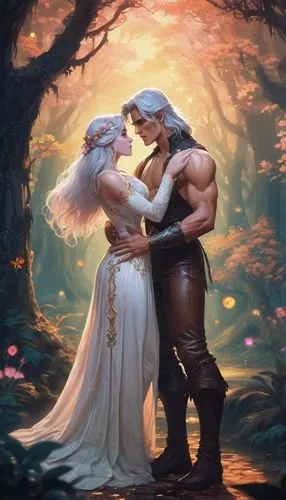Fantasy couple, embracing, gentle kiss, moonlight, misty forest, ancient trees, twinkling fireflies, delicate flowers, intricate vines, soft fog, dreamy atmosphere, warm color palette, mystical aura, 