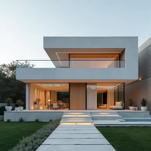 ,modern residence with garden landscaping in the evening,modern house,modern architecture,cube house,cubic house,contemporary,beautiful home