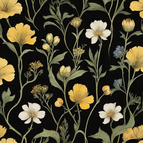 Add a touch of elegance to your presentation with black backgrounds.,yellow wallpaper,flowers pattern,seamless pattern,blossom gold foil,floral digital background,botanical print,sunflower lace backgr