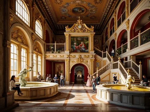 Ornate baroque palace, grandiose fountains, intricate stone carvings, dramatic lighting effects, lavish gold ornaments, ornamental cherubs, sweeping curved lines, flamboyant decorative motifs, theatri