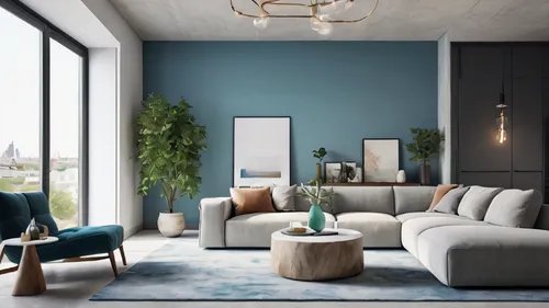 A living room with a ceiling light, west elm sectional sofa, marble table, blue blanket, vase, decorative photography, light concrete background wall, background light, white and gray transition carpe