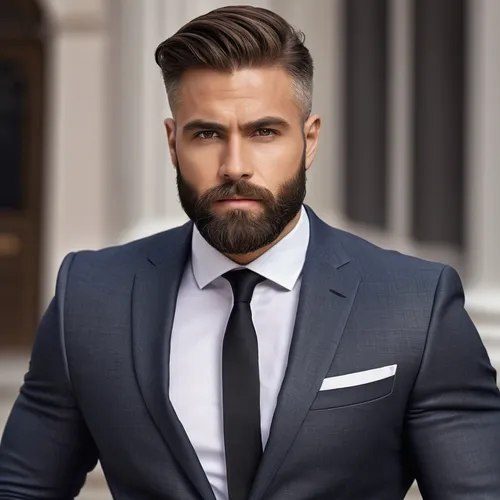 create a realistic professional profile photo for business, the photo looks down to the body, a man with short, thin hair on the sides, slightly brown with a thick beard, well-built and wearing a blac