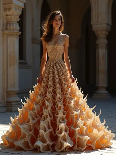 A highly detailed 3d islamic pattern and architecture elemnts  and elegant haute couture dress deeply inspired by traditional Iranian architecture, especially the intricate geometry of muqarnas — the 