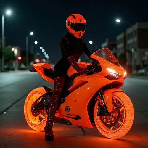 portrait of a girl sitting posing on an orange sports motorcycle with fluorescent glitter for a photoshoot on the streets of Los Angeles at night.
The women's outfit consists of a tight-fitting black 
