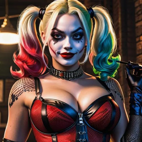 Big chest Harley Quinn wearing fishnet , ultra hd, realistic, vivid colors, highly detailed, UHD drawing, pen and ink, perfect composition, beautiful detailed intricate insanely detailed octane render