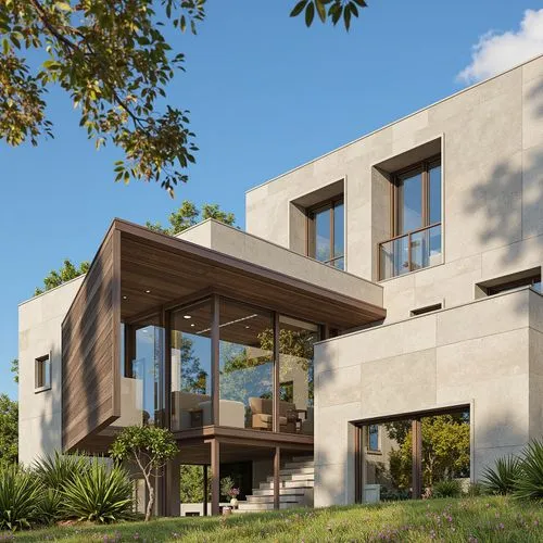 A photo-realistic rendering of a modern, two-story house with a contemporary design. the house is located on a hillside, with a clear blue sky visible in the background. the exterior of the house feat