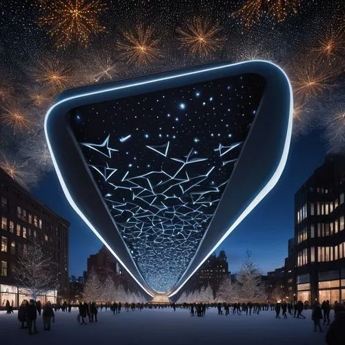 Christmas spirit Zaha Hadid design inception architecture with glowing star on top with christmas light all over the architecture in New York City experience designed to be entered and explored. Explo