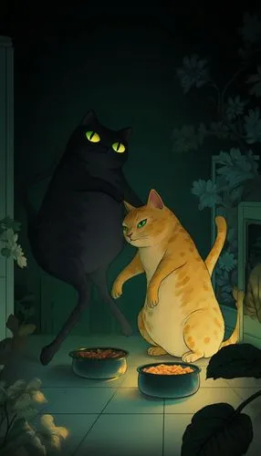 2 толстых, вальяжных кота Черный и рыжий кот сидят на кухне и едят из мисок. Темная ночь, глаза котов чуть святятся, у одного они янтарно желтые у другого зеленоватые. Изумруд лимон антрацит графит мо