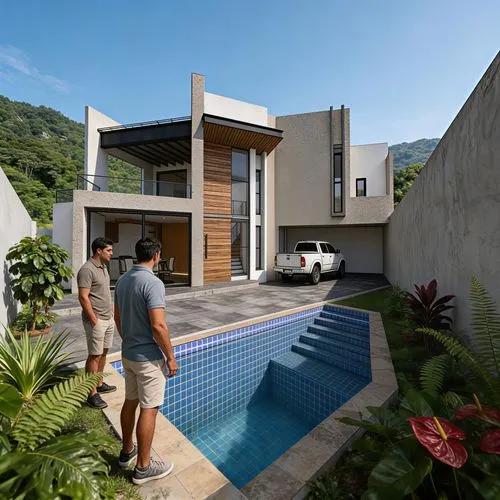 Transform this drawing into a physical reality scene captured through human vision, as if someone were walking and observing a mid-class residential fraction in Fortín de las Flores, Veracruz. The ima