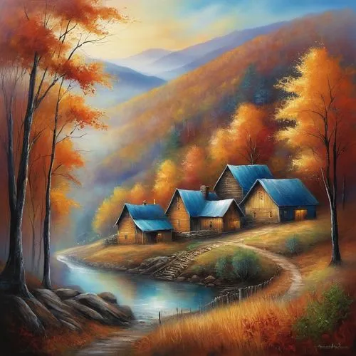 village in blue ridge mountains at autumn,a painting of mountains, trees and a river,autumn landscape,home landscape,fall landscape,house in mountains,house in the mountains,mountain village,autumn id