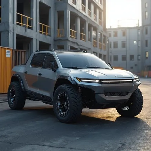 A high-performance electric pickup truck with a futuristic industrial aesthetic, parked in a high-tech construction site. Its exoskeleton is made of brushed titanium, with retractable storage compartm