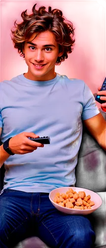 Relaxed guy, sitting on a couch, casual wear, messy hair, soft facial expression, eyes looking downwards, one hand holding a remote control, another hand holding a snack, warm lighting, shallow depth 