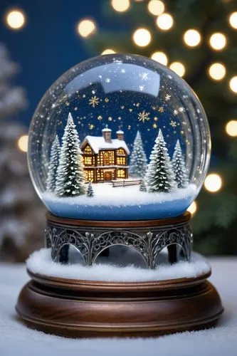 Starry night, snow globe, miniature snowy landscape, tiny pine trees, frozen lake, small wooden bridge, delicate snowflakes gently falling, soft blue moonlight, sparkling stars above, transparent glas