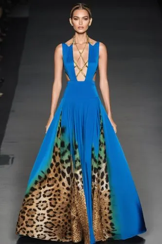 a fashion model  wearing crossed four apel top  sleeveless  leopard blue printed gown ,the dress from stella ferretino's runway show,a floor-length dress,siriano,tahiliani,catwalks,blue peacock,moschi