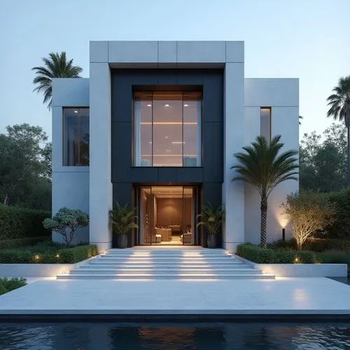 A hyper-realistic, high-resolution architectural photograph capturing a grand, ultra-modern luxury mansion at twilight. The building’s façade is composed of smooth white stone panels contrasted with s