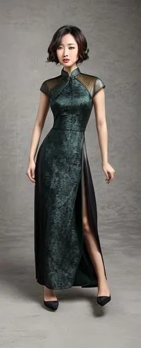dark green a-line cheongsam made of matte patterned fabric, with mesh shoulders.,dress doll,3d figure,plus-size model,doll figure,woman sculpture,miniature figure,cloth doll,model train figure,female 