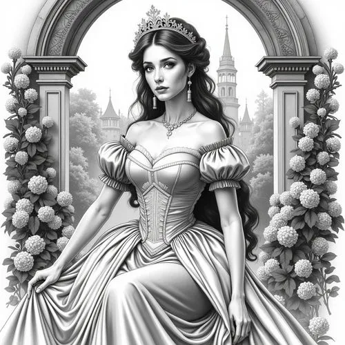 A beautiful, elegant woman with long, wavy brown hair, wearing a stunning, off-the-shoulder, silver corseted dress with puffed sleeves and a flowing skirt. she is seated in the middle of the image, wi