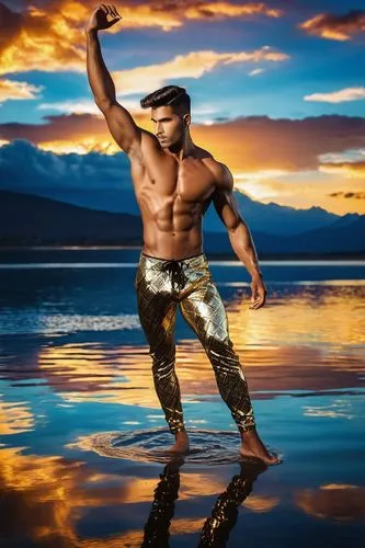 Es gibt einen wunderschönen Kolumbien fit maskulin Mann, duplex Aufnahme, mit einem Acrylgloss-Leder-Petrol-Ölgemälde in Sonnenuntergang mit einem See ( in Form von Komplizierte-relief mit Arabic Call