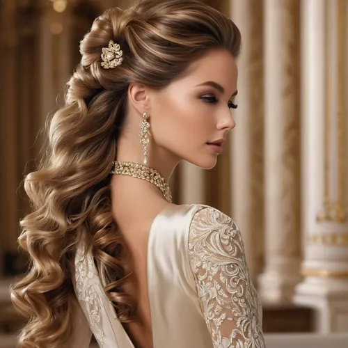 Discover elegant long hair styles for women.,bridal accessory,bridal jewelry,diadem,princess crown,bridal clothing,updo,princess' earring,gold filigree,bridal,filigree,hair accessory,hair accessories,