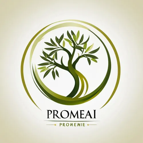 Logo for Promeai on the theme of olive tree, abstract logo, vector, with text "promeai",grower romania,proa,medical logo,proclaim,company logo,pioneer badge,promontory,perennial plants,social logo,log