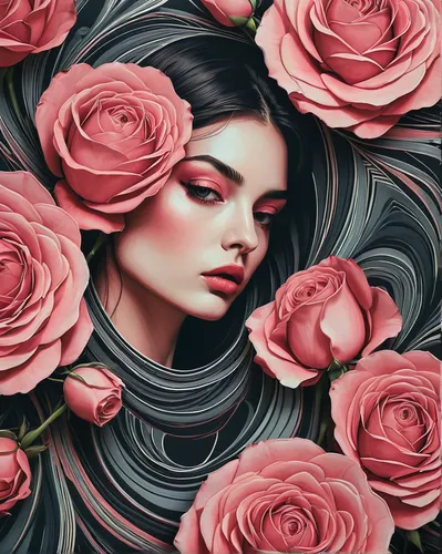 pattern, modern, deep, fun, rose, feeling, print, lines. art and fun twist,rose flower illustration,blooming roses,spray roses,pink roses,noble roses,pink floral background,rosebushes,scent of roses,r