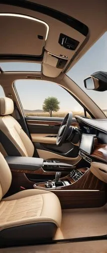Luxury car interior, modern sedan, dashboard with wooden trim, leather seats, driver's seat with massage function, steering wheel with silver accents, center console with touchscreen display, ambient 