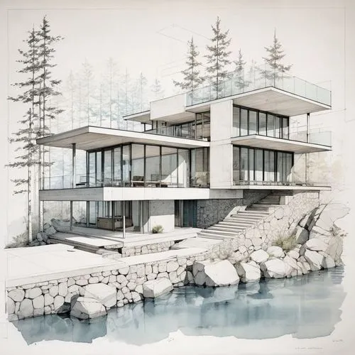 water, rocks and houses on a drawing,cantilevers,house by the water,dunes house,mid century house,modern house,house with lake,house drawing,cantilevered,modern architecture,beach house,mid century mo