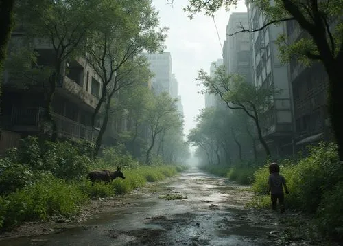 the man is walking in the rain near a road with cows on it,cryengine,scampia,crytek,dishonored,syberia,streamwood,eidos,old linden alley,overgrowth,gameworld,varsavsky,alley,croft,postapocalyptic,stre