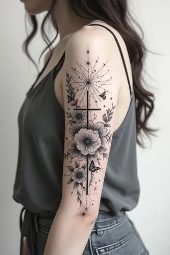 a full sleeve tattoo design wrapped around a woman's arm with peony flowers and butterflies, crawling up the arm like jewelry, with an elegant burst of lines, an elegant cross, adorned with delicate l